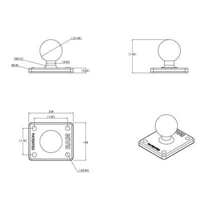 RAM Mount Square 2" x 1.7" Base w/1" Ball