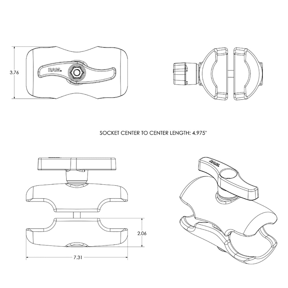 RAM Mount Double Socket Short Arm f/3-3/8" E Size Ball Base