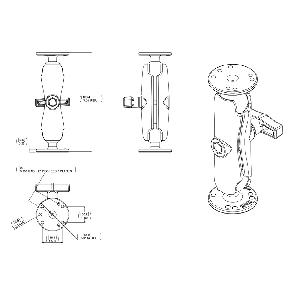 RAM Mount 1.5" Ball Double Socket Arm w/2 2.5" Round Bases - AMPs Pattern