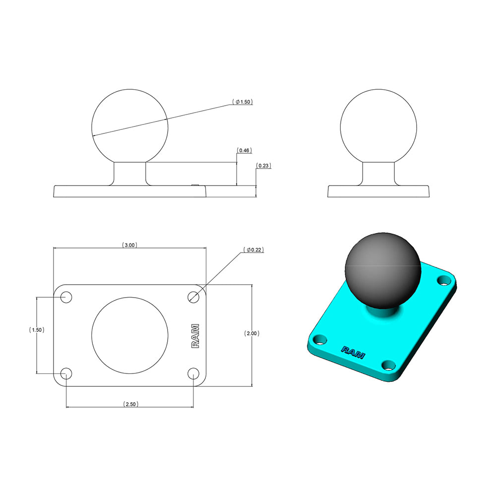 RAM Mount 2" x 3" Rectangle Base w/1.5" Ball