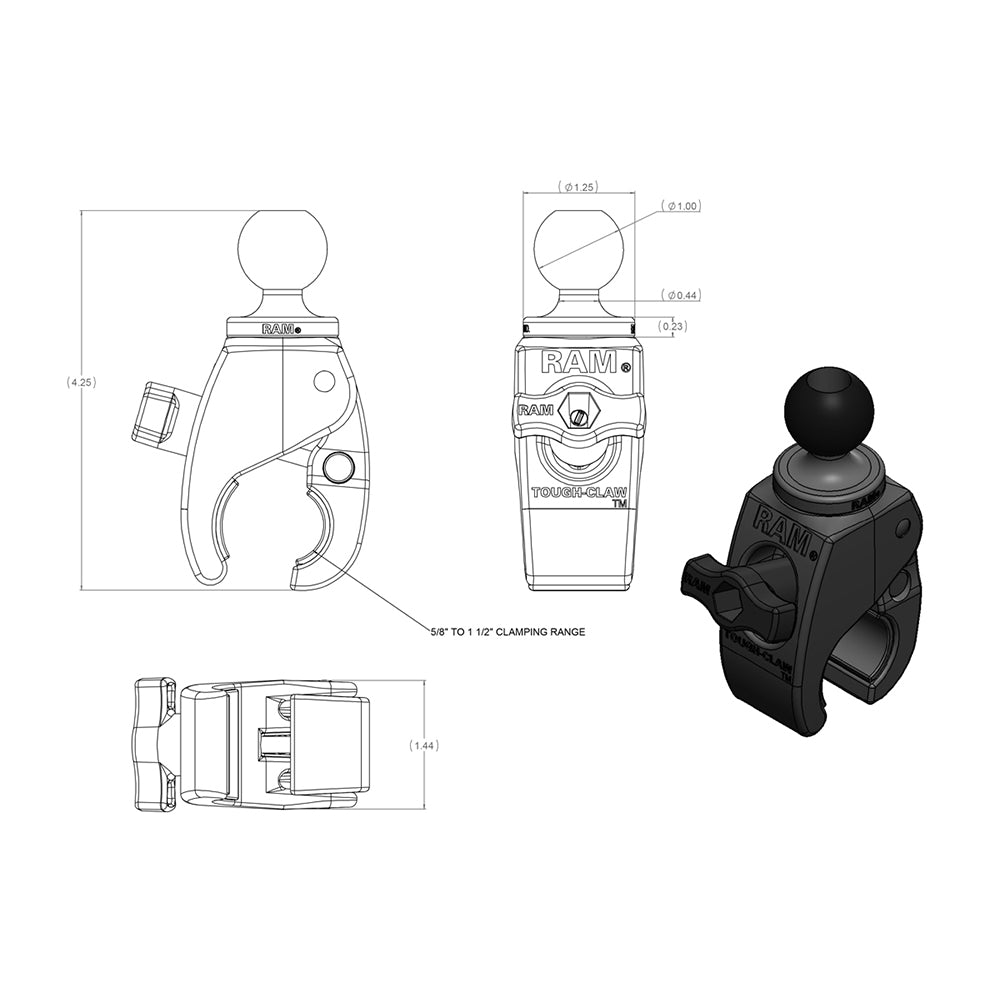 RAM Mount Small Tough-Claw w/1" Rubber Ball