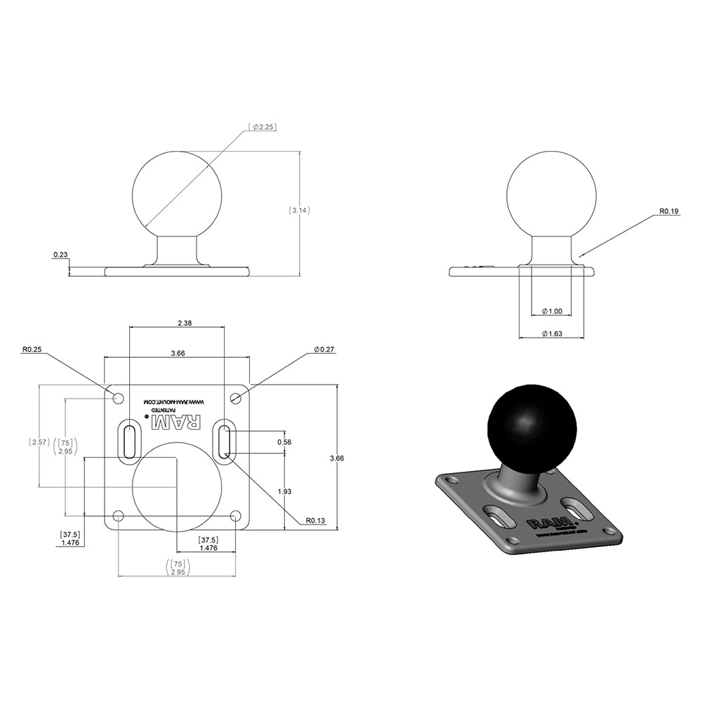 RAM Mount 75mm x 75mm VESA 3.625" Plate w/2.25" D Size Ball