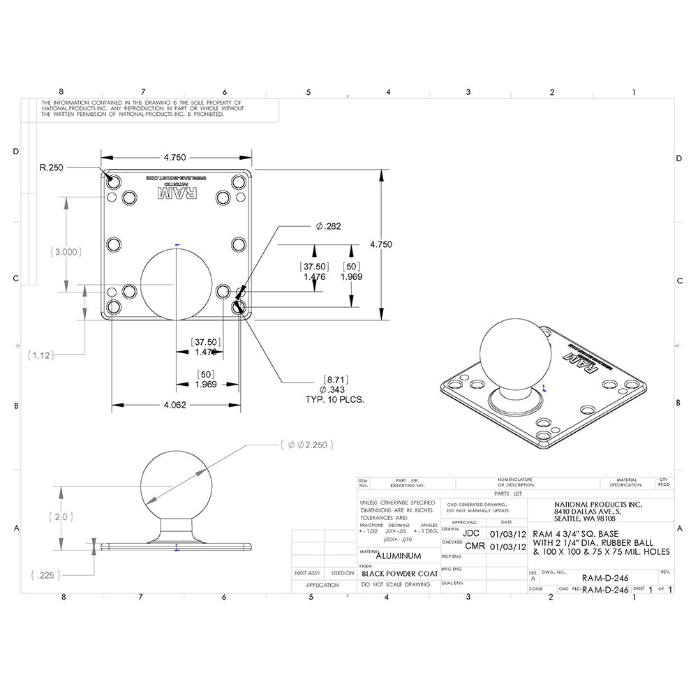 RAM Mount 100x100mm VESA Plate w/2.25" Ball