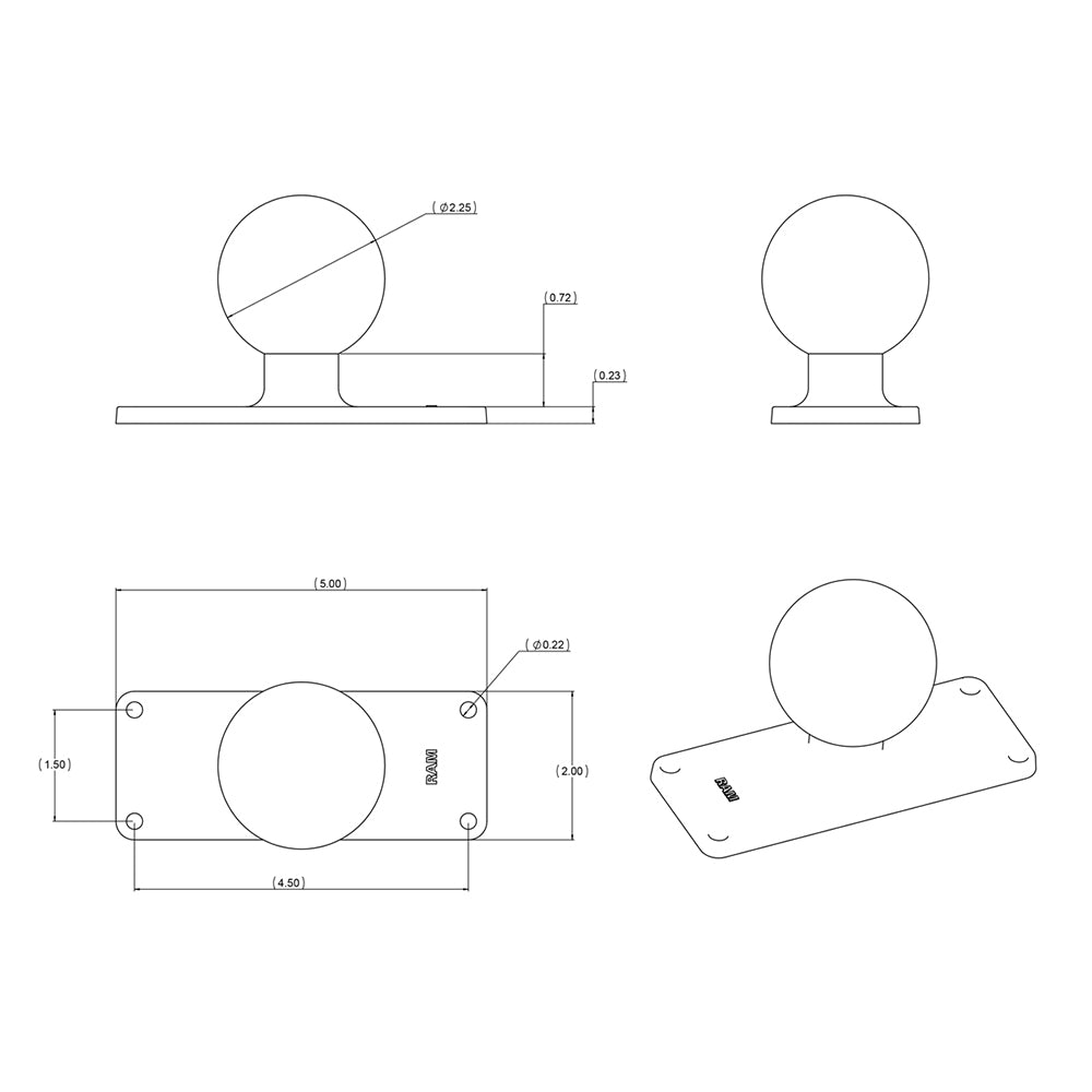 RAM Mount 2" x 5" Rectangle Base w/2.25" Ball