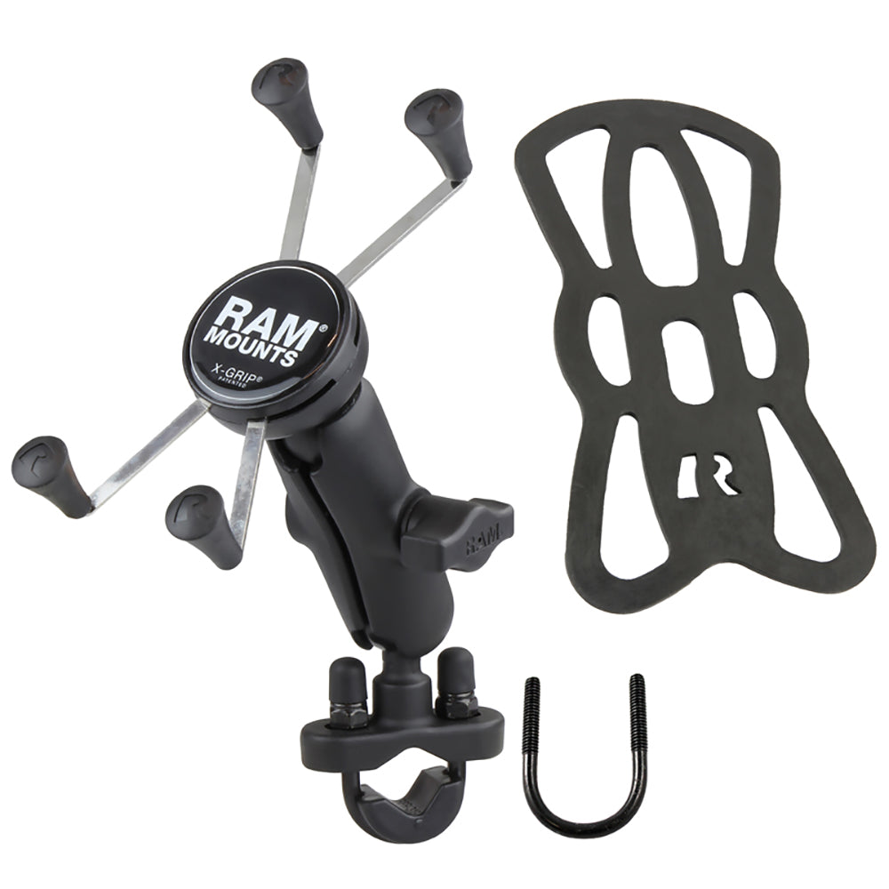 RAM Mount Handlebar Rail Mount w/Zinc Coated U-Bolt Base  Universal X-Grip Large Phone/Phablet Cradle