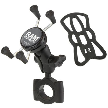 RAM Mount RAM Torque 1 1/8" - 1 1/2" Diameter Handlebar/Rail Base with B Size 1" Ball, Short Arm and X-Grip for Phones