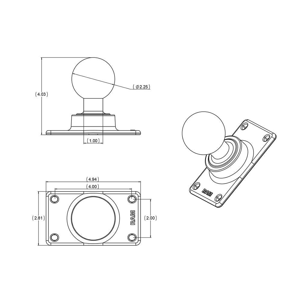 RAM Mount 50mm x 100mm Half VESA Plate Adapter w/D Size 2.25" Ball