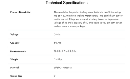 36V 60AH Lithium Trolling Motor Battery