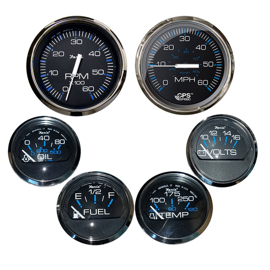 Faria Chesapeake Black w/Stainless Steel Bezel Boxed Set of 6 - Speed, Tach, Fuel Level, Voltmeter, Water Temperature  Oil PSI - Inboard Motors