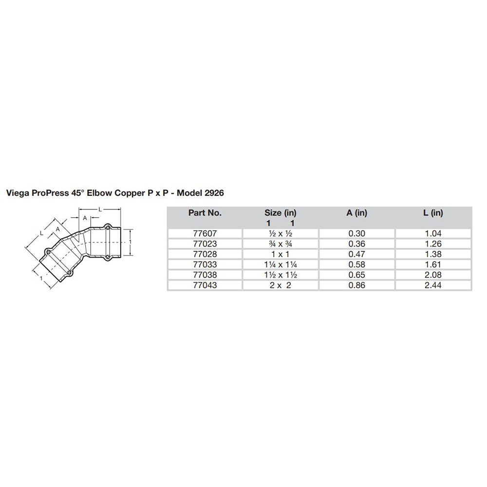 Viega ProPress 2" - 45 Copper Elbow - Double Press Connection - Smart Connect Technology