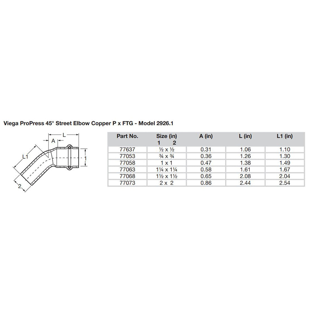 Viega ProPress 3/4" - 45 Copper Elbow - Street/Press Connection - Smart Connect Technology