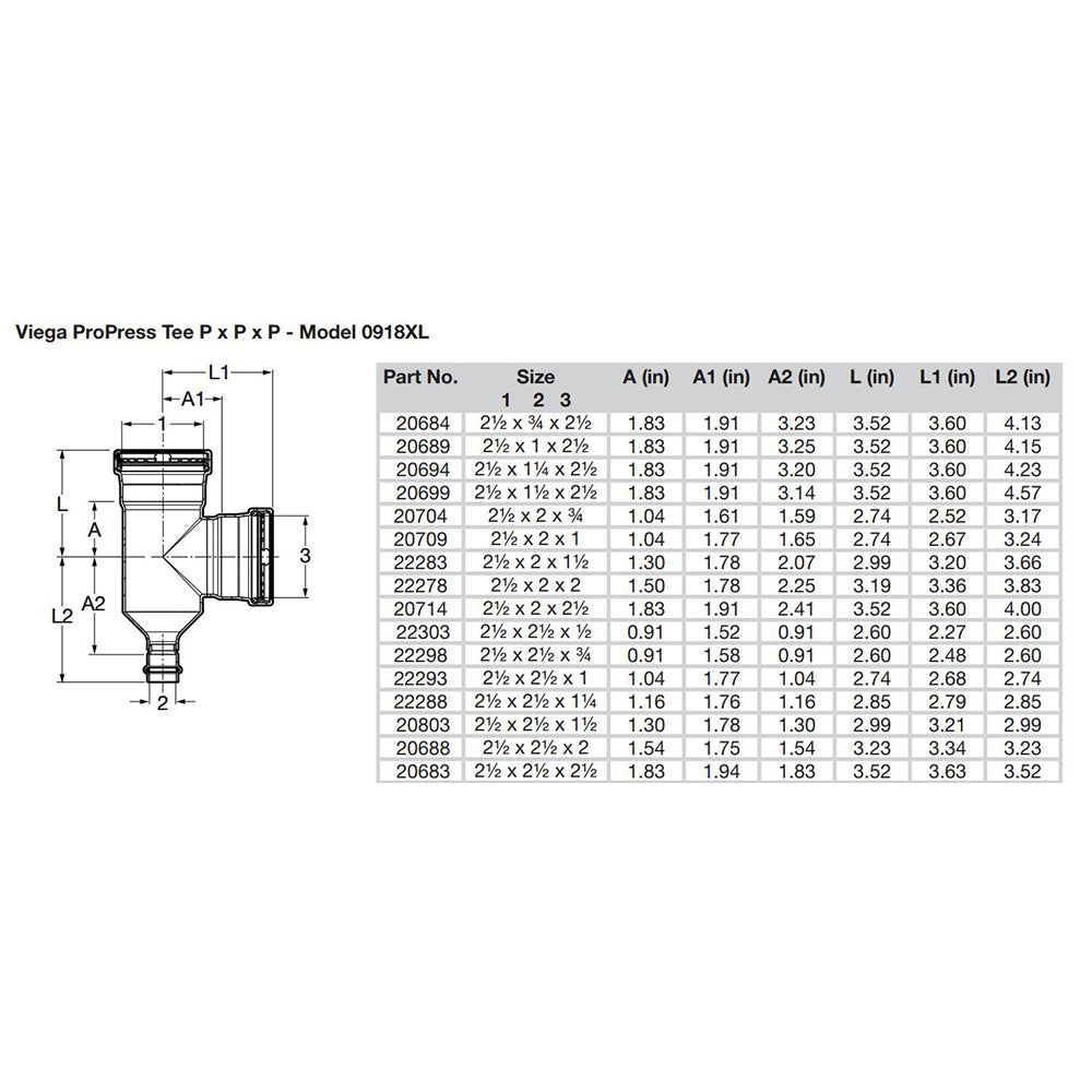 Viega ProPress 2-1/2" Copper Tee - Triple Press Connection - Smart Connect Technology