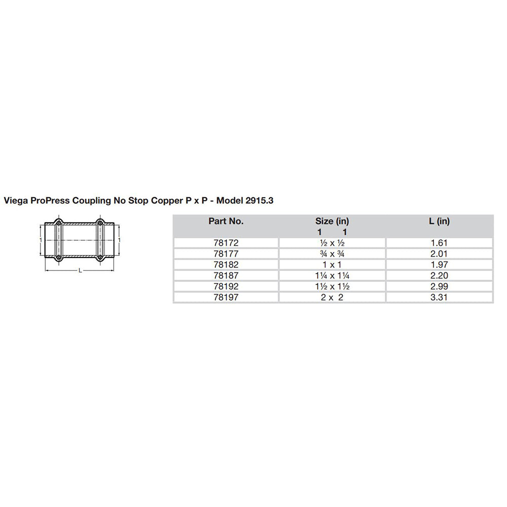 Viega ProPress 3/4" Copper Coupling w/o Stop - Double Press Connection - Smart Connect Technology