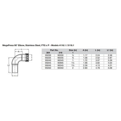 Viega MegaPress 1/2" 90 Stainless 304 Elbow - Street/Press Connection - Smart Connect Technology