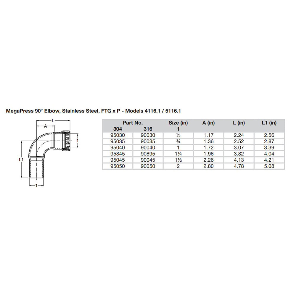 Viega MegaPress 1-1/2" 90 Stainless Steel 304 Elbow Street - Press Connection - Smart Connect Technology