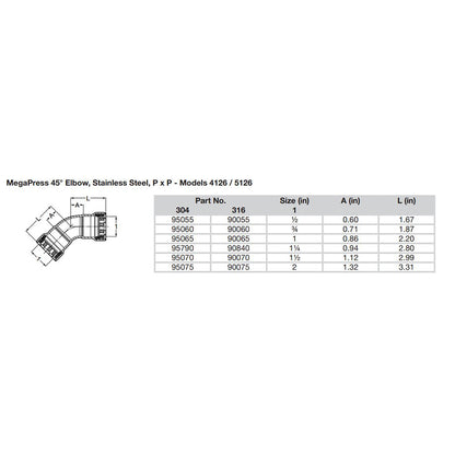 Viega MegaPress 1/2" 45 Stainless Steel 304 Elbow - Double Press Connection - Smart Connect Technology