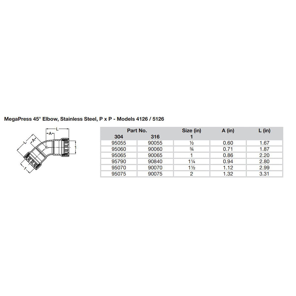 Viega MegaPress 2" 45 Stainless Steel 304 Elbow - Double Press Connection - Smart Connect Technology