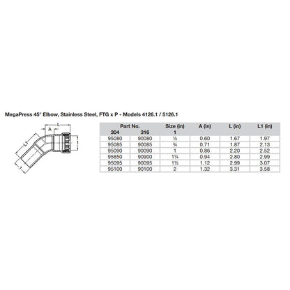 Viega MegaPress 1/2" 45 Stainless Steel 304 Elbow Street - Press Connection - Smart Connect Technology