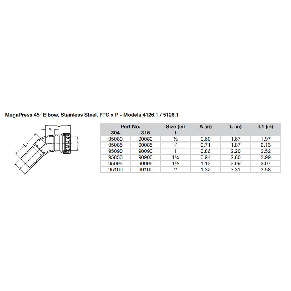 Viega MegaPress 3/4" 45 Stainless Steel 304 Elbow Street - Press Connection - Smart Connect Technology