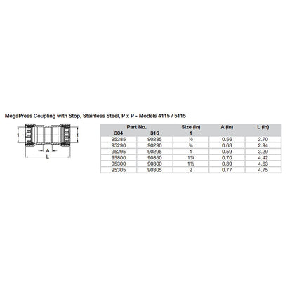 Viega MegaPress 2" Stainless Steel 304 Coupling w/Stop - Double Press Connection - Smart Connect Technology