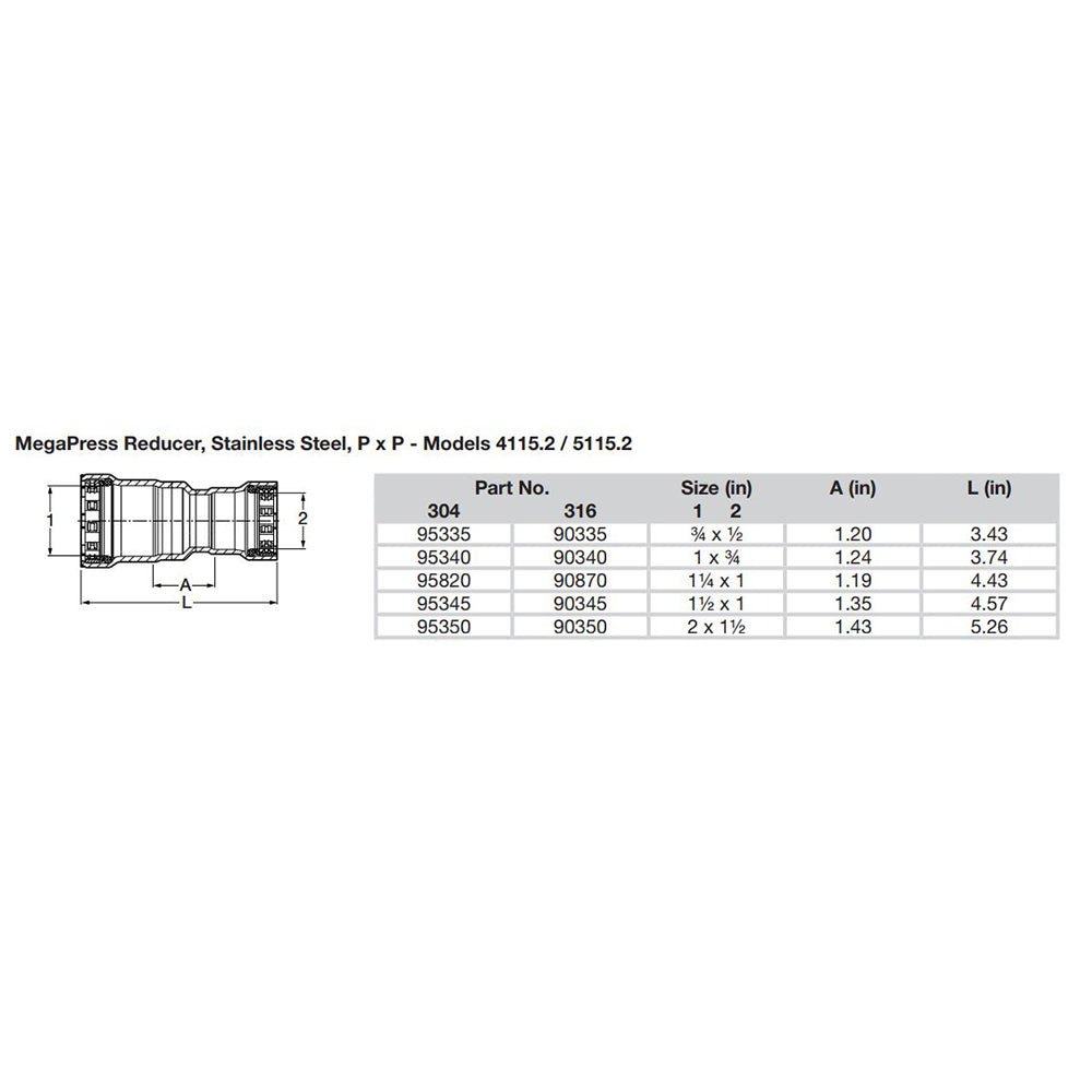 Viega MegaPress 1-1/2" x 1" Stainless Steel 304 Reducer - Double Press Connection - Smart Connect Technology