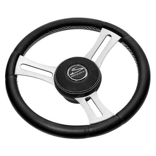 Schmitt Marine Torcello Elite 14" Wheel - Black Leather  Cap - White Stitching - Polished SS Spokes - 3/4" Tapered Shaft