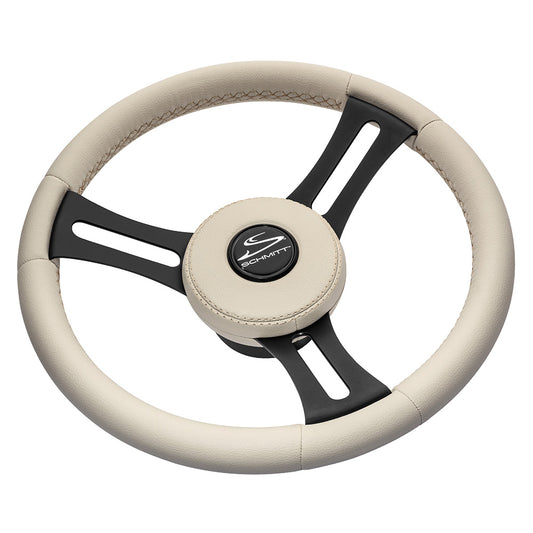 Schmitt Marine Torcello Elite 14" Wheel - Beige Leather  Cap - White Stitching - Black SS Spokes - 3/4" Tapered Shaft