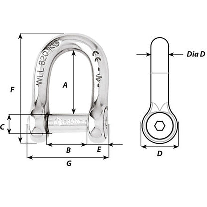 Wichard Self-Locking Allen Head Pin D Shackle - 6mm Diameter - 1/4"